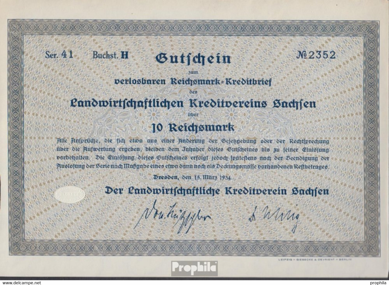 Deutsches Reich 10 Reichsmark, Gutschein Druckfrisch 1934 Landwirts. Kreditverein Sachsen - Otros & Sin Clasificación