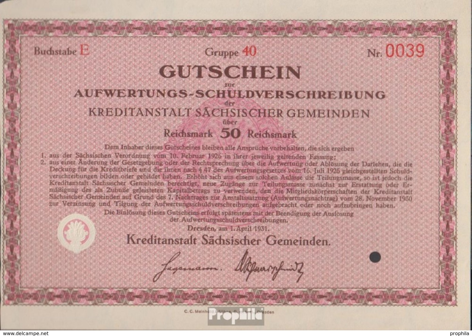 Deutsches Reich 50 Reichsmark, Gutschein Zur Auiwertungs-Schuldverschreibung Druckfrisch 1931 Kreditanstalt Sächs. Geme - Altri & Non Classificati