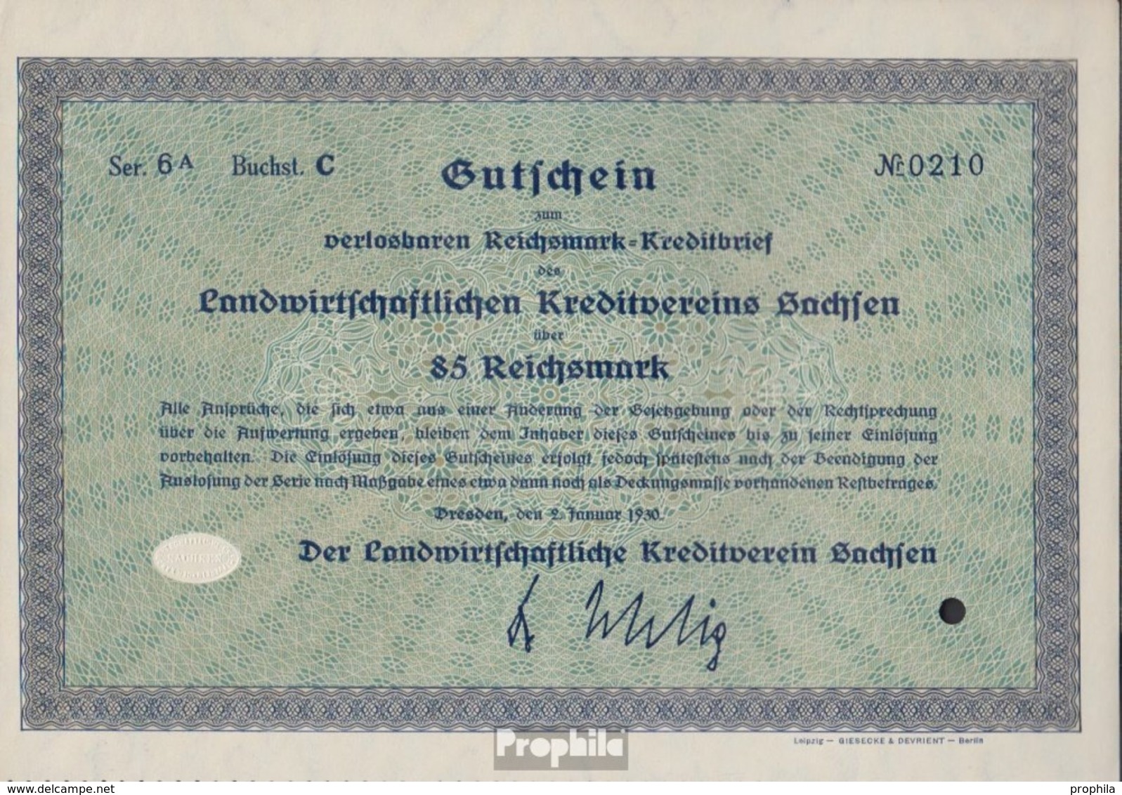 Deutsches Reich 85 Reichsmark, Gutschein Druckfrisch 1930 Landwirts. Kreditverein Sachsen - Autres & Non Classés