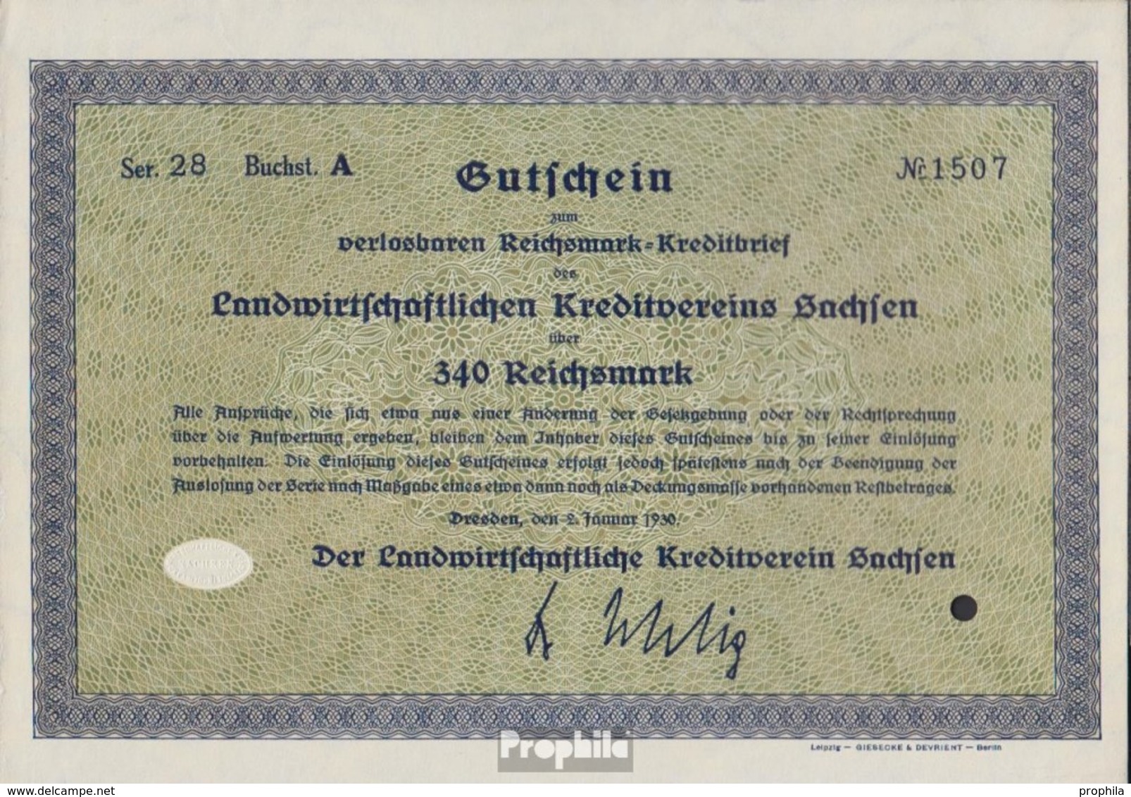 Deutsches Reich 340 Reichsmark, Gutschein Druckfrisch 1930 Landwirts. Kreditverein Sachsen - Altri & Non Classificati