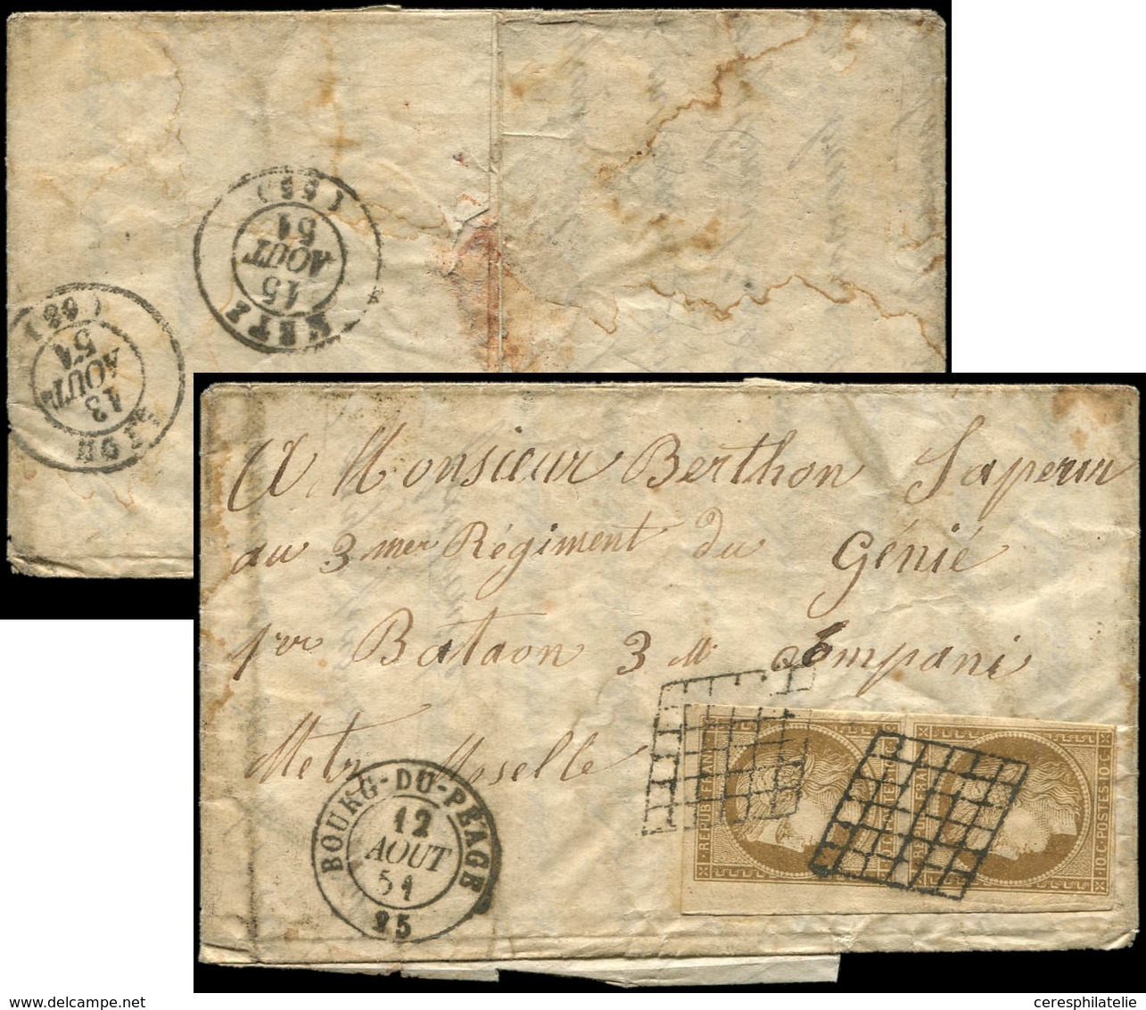 Let EMISSION DE 1849 - 1    10c. Bistre-jaune, PAIRE Obl. GRILLE S. LAC, Càd T15 BOURG-DU-PEAGE 12/8/51, Tarif MILITAIRE - 1849-1850 Ceres