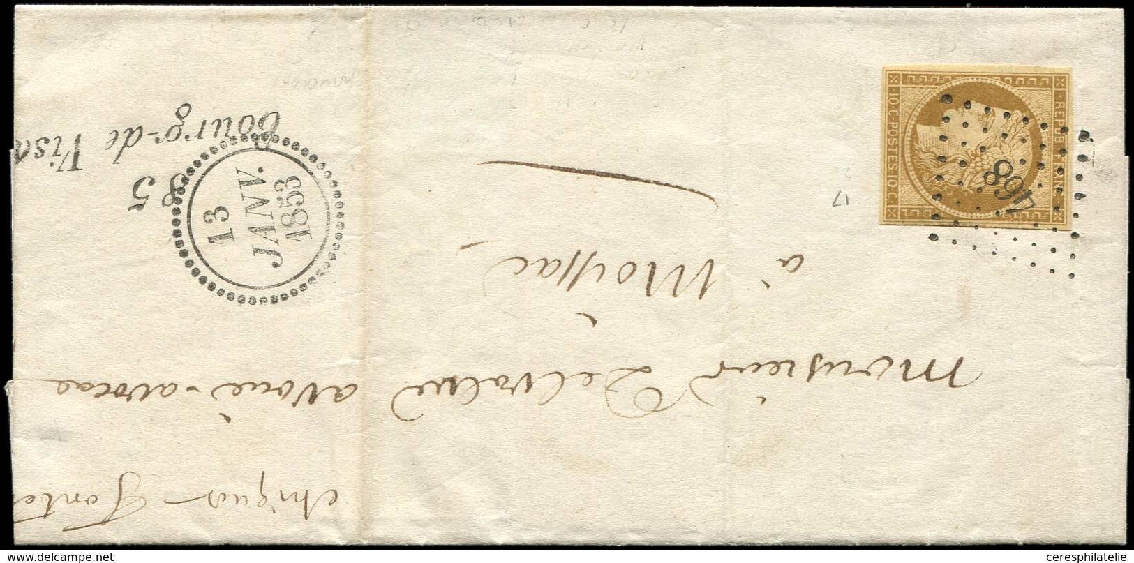 Let EMISSION DE 1849 - 1a   10c. Bistre-brun, Obl. PC 468 S. LSC, Cursive 85/BOURG-DE-VISA, Dateur B 13 JANV 1853, Super - 1849-1850 Cérès