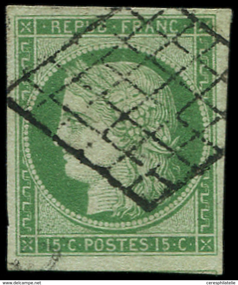 EMISSION DE 1849 - 2    15c. Vert, Très Belles Marges, Obl. GRILLE, TTB, Certif. Calves - 1849-1850 Ceres