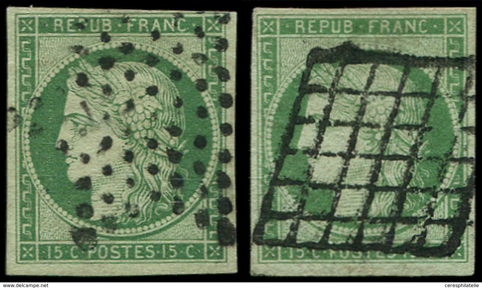 EMISSION DE 1849 - 2    15c. Vert, 2 Nuances Obl. GRILLE Et ETOILE, 1 Ex. Léger Pelurage, L'autre TB - 1849-1850 Ceres