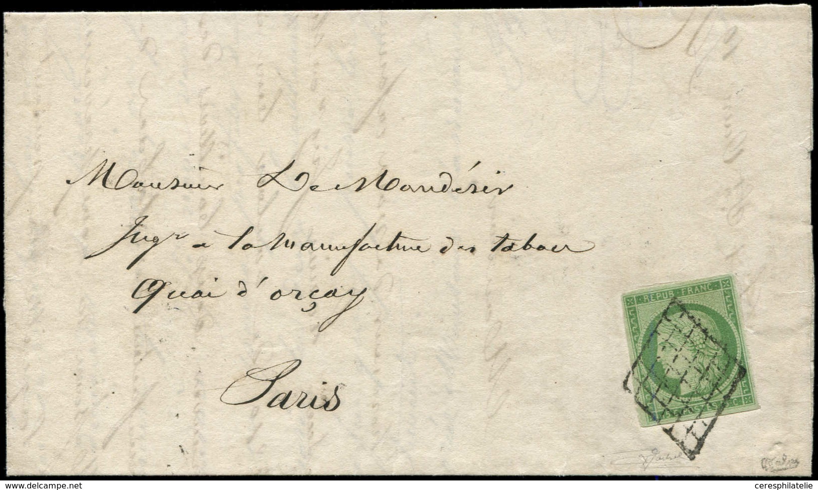 Let EMISSION DE 1849 - 2    15c. Vert, Obl. GRILLE S. LAC De Paris Pour Paris 20/7/51, Superbe - 1849-1850 Ceres