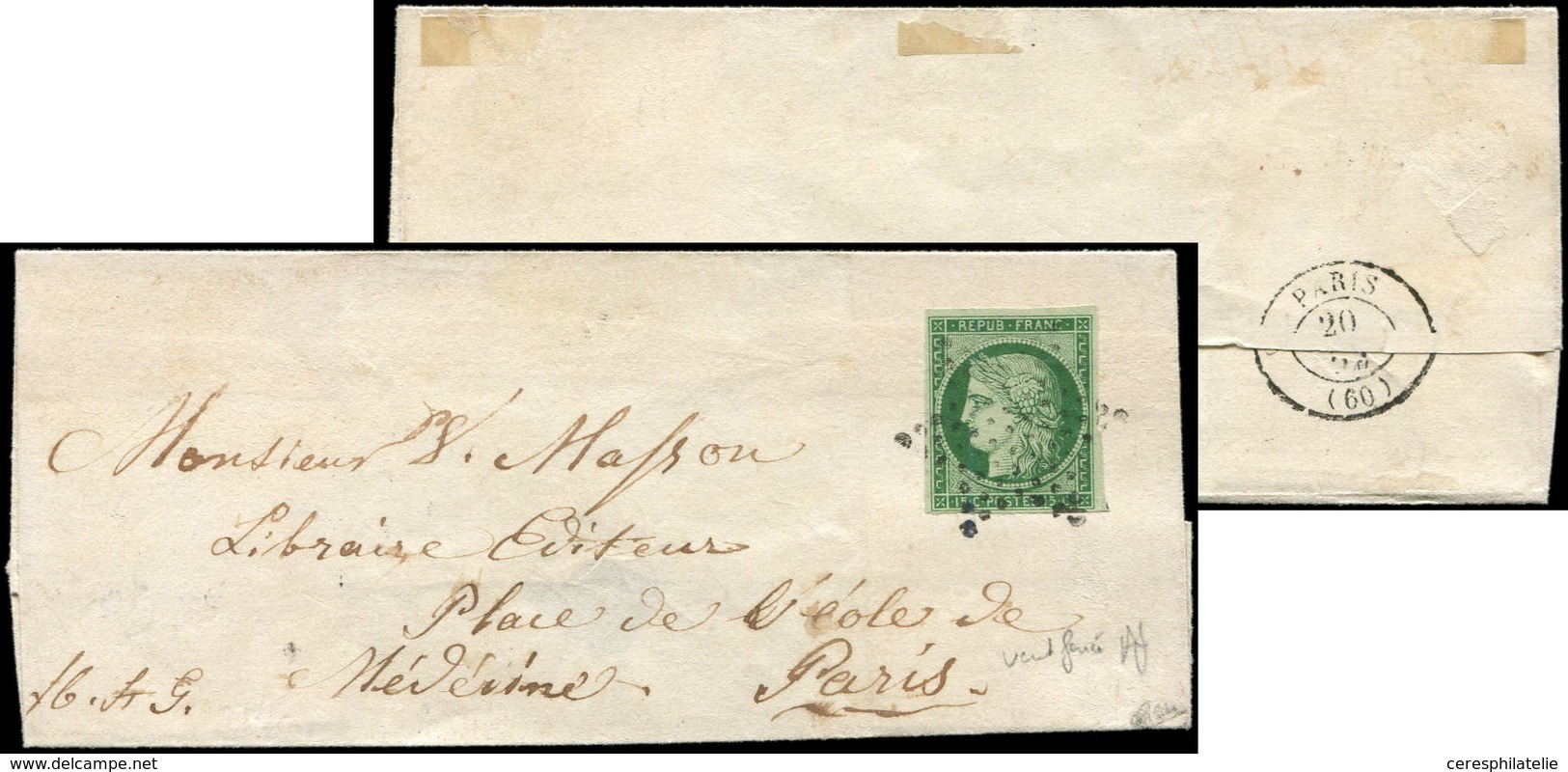 Let EMISSION DE 1849 - 2b   15c. Vert FONCE, Obl. ETOILE S. LSC De Paris Pour Paris 11/52, TB. C - 1849-1850 Cérès