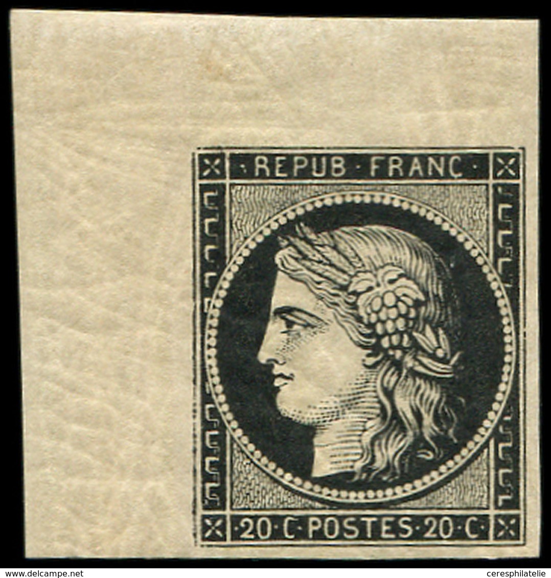 ** EMISSION DE 1849 - 3a   20c. Noir Sur Blanc, COIN De FEUILLE, Superbe, Certif. Calves - 1849-1850 Cérès