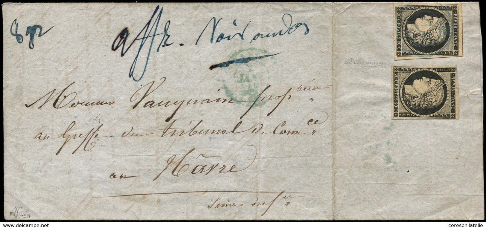 Let EMISSION DE 1849 - 3    20c. Noir, Obl. Càd BLEU PARIS 2 JANV 49 S. LAC Affr. à 40c., Le 2e Timbre A échappé à L'obl - 1849-1850 Ceres