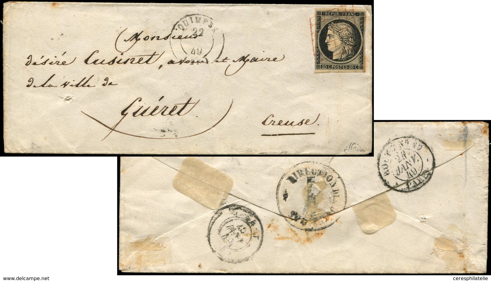 Let EMISSION DE 1849 - 3    20c. Noir Sur Jaune, Obl. GRILLE ROUGE S. Env., Càd T15 QUIMPER 22 (JANV) 49, Arr. GUERET 25 - 1849-1850 Ceres