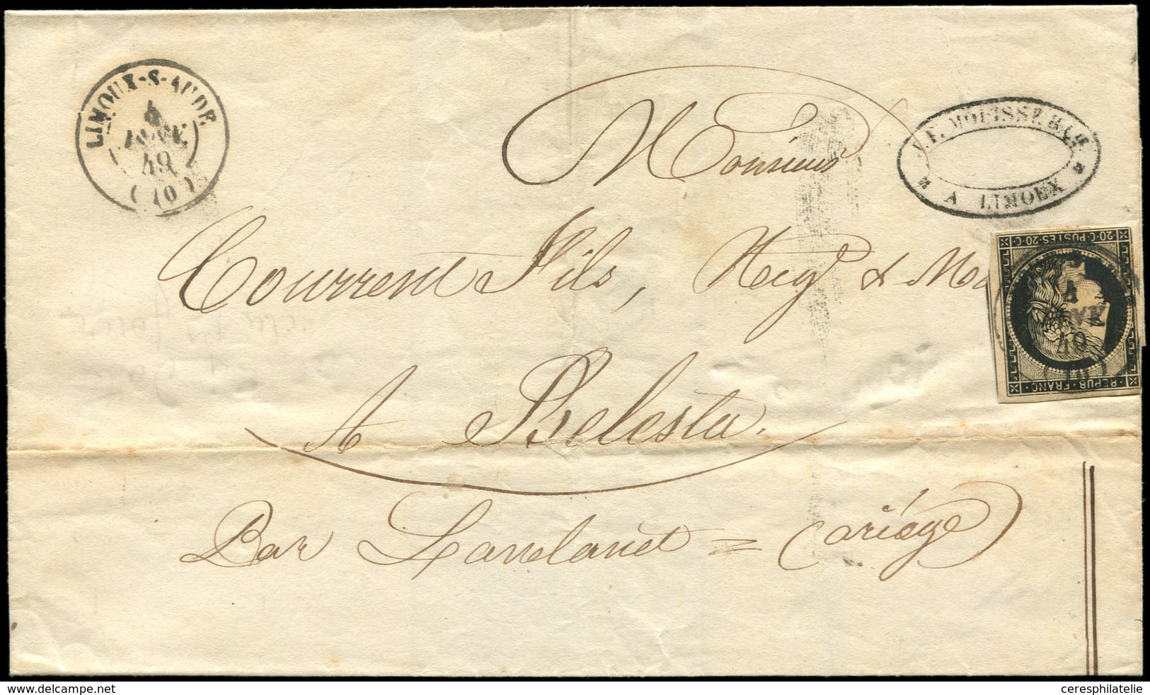 Let EMISSION DE 1849 - 3    20c. Noir Sur Jaune, Filet Touché, Obl. Càd T15 LIMOUX-S-AUDE 4 JANV 49 S. LSC, B/TB - 1849-1850 Ceres
