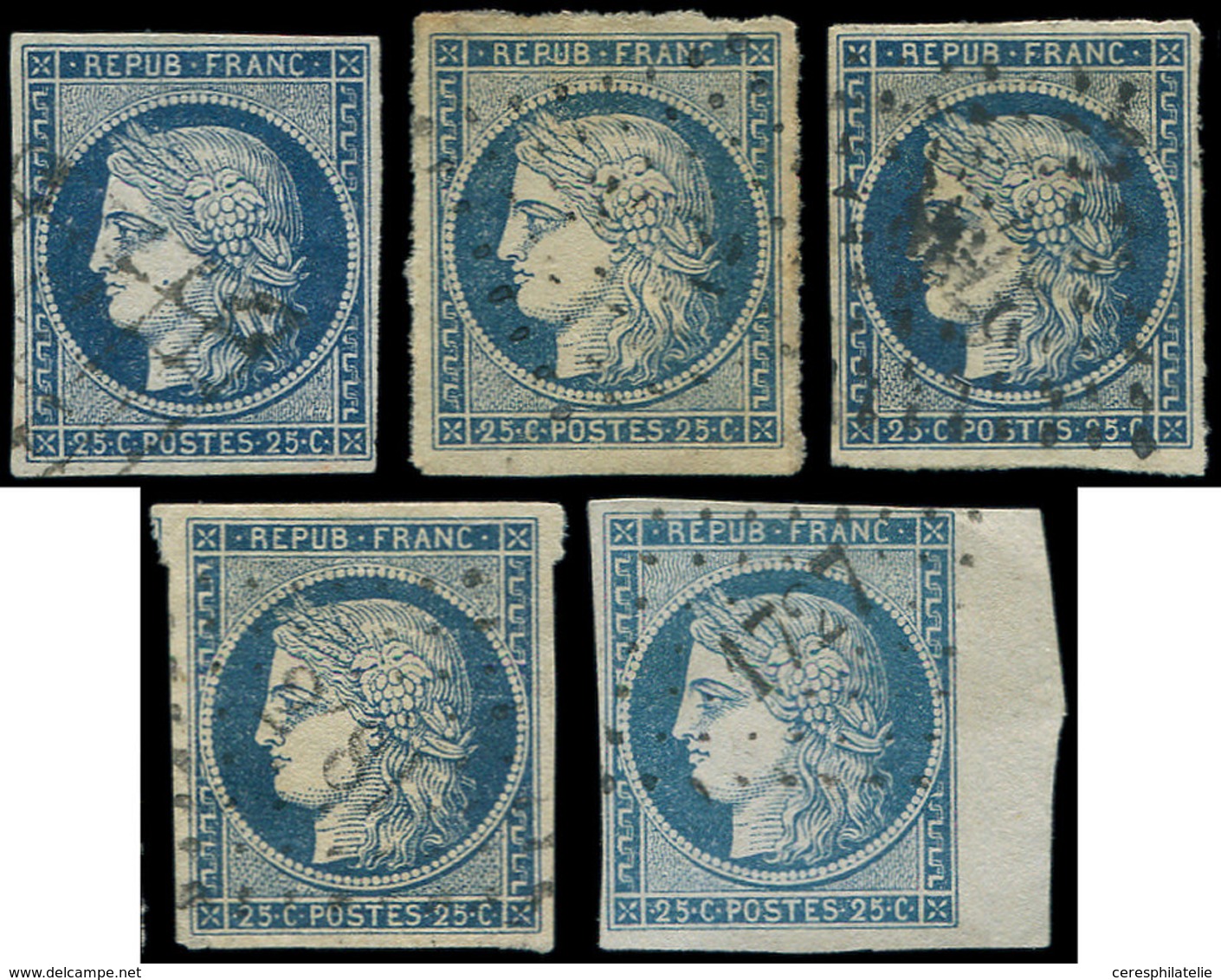 EMISSION DE 1849 - 4    25c. Bleu, 5 Ex. Obl., PC (4) Ou GRILLE, Un Ex. Petit Bdf, TB - 1849-1850 Ceres