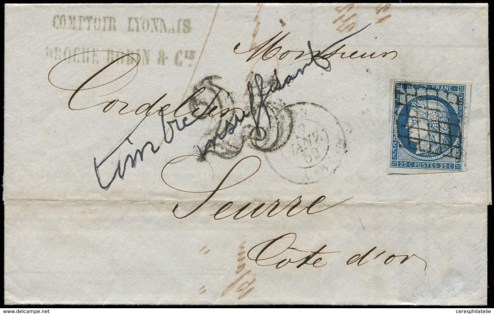 Let EMISSION DE 1849 - 4    25c. Bleu, Obl. GRILLE S. LAC, Càd T15 LYON 17/1/52, "timbre Insuffisant" Et Taxe 25 DT, TB - 1849-1850 Ceres