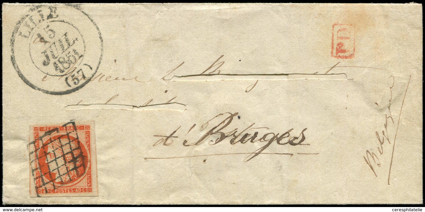 Let EMISSION DE 1849 - 5a   40c. Orange VIF, Marges énormes, Obl. GRILLE S. LSC Non Découpé, Càd T13 LILLE 15/7/51, Arr. - 1849-1850 Ceres