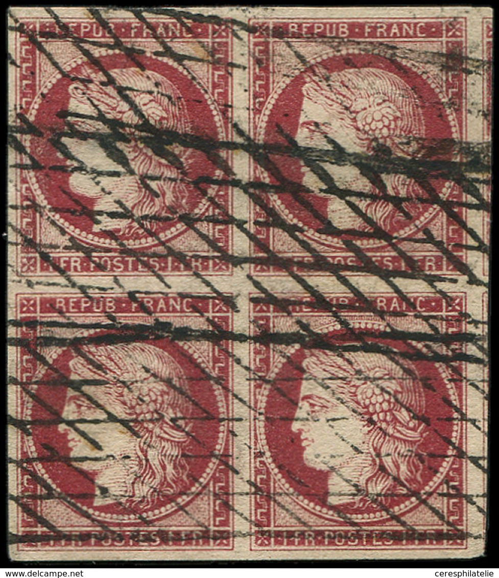 EMISSION DE 1849 - 6     1f. Carmin, BLOC De 4 Obl. GRILLE SANS FIN, RR Et TTB - 1849-1850 Cérès