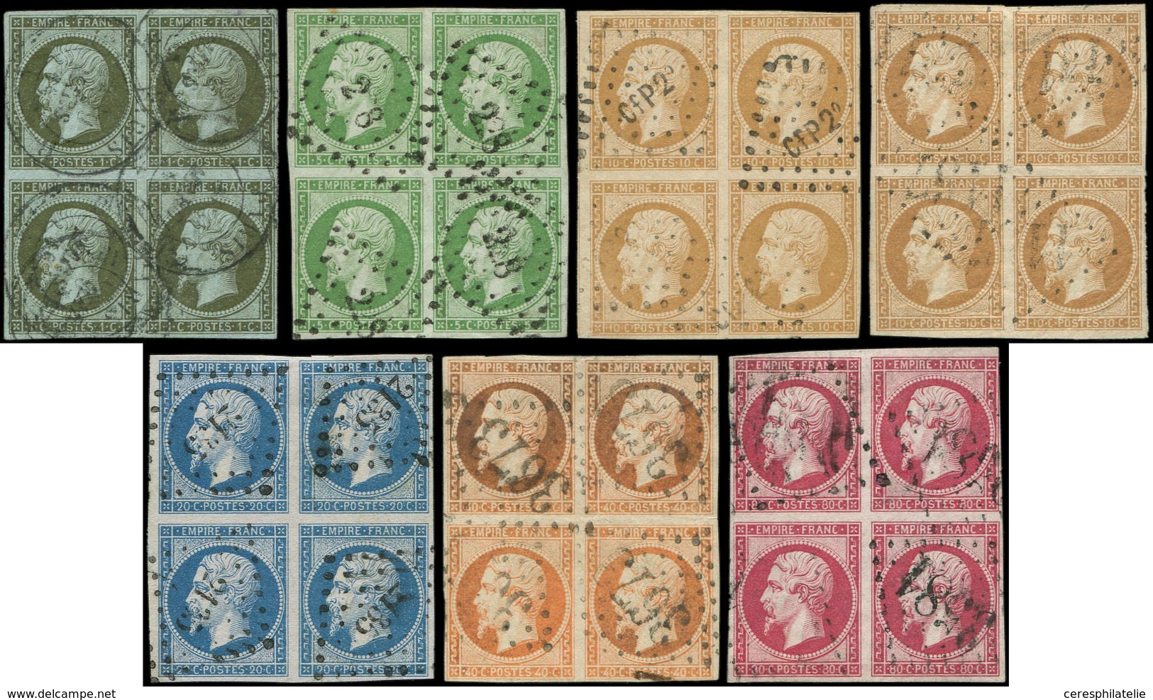 EMPIRE NON DENTELE - 11, 12, 13A/B, 14B, 16, 17B, Tous En BLOCS De 4 Obl., TB - 1853-1860 Napoléon III