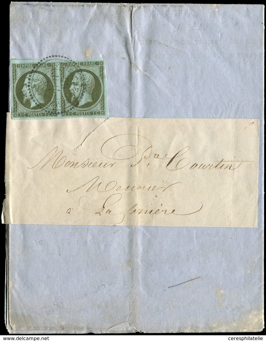 Let EMPIRE NON DENTELE - 11    1c. Olive, PAIRE Obl. Càd T22 LA FERRIERE-S-RISLE 29/7/61 S. Imprimé Sous Bande, TB - 1853-1860 Napoleon III