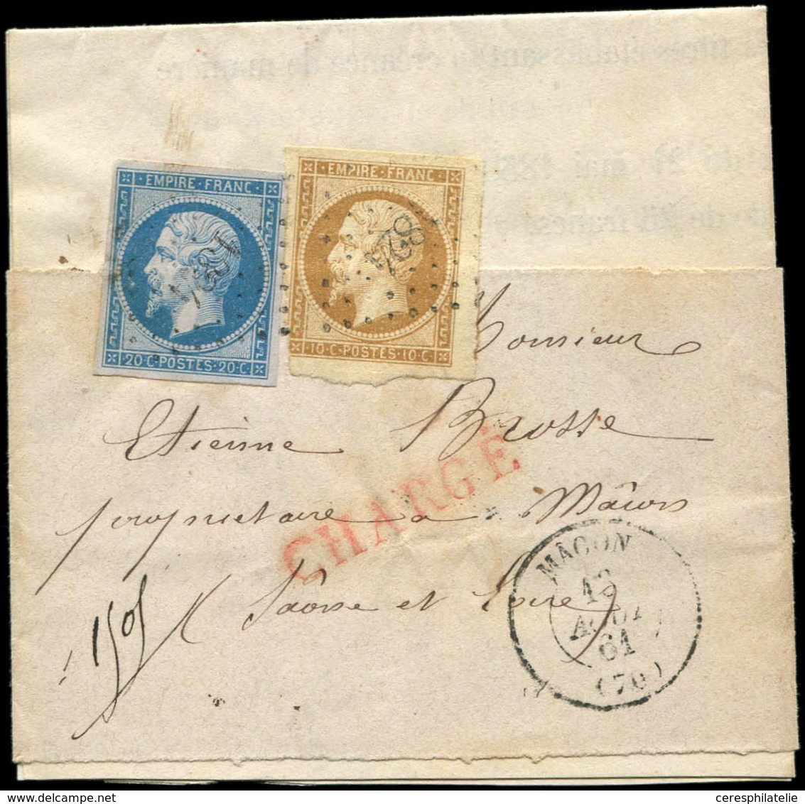 Let EMPIRE NON DENTELE - 13B Et 14B,  10c. Brun Clair T II Et 20c. Bleu T II, Obl. PC 1824 S. Bande CHARGE Avec Sa Convo - 1853-1860 Napoléon III