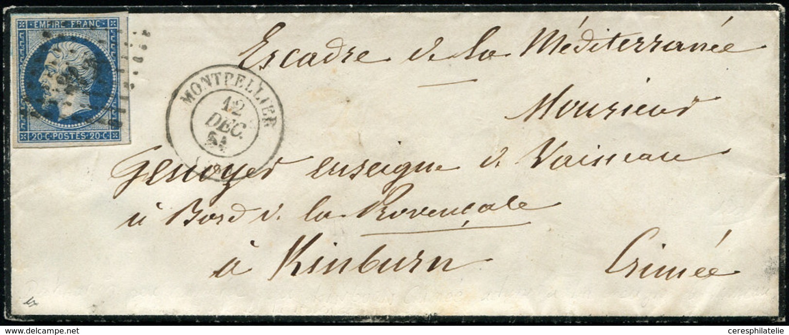 Let EMPIRE NON DENTELE - 14Aa 20c. Bleu Foncé T I, Obl. PC 2128 S. LAC, Càd T15 MONTPELLIER 12/12/55, Pour Un Enseigne D - 1853-1860 Napoléon III