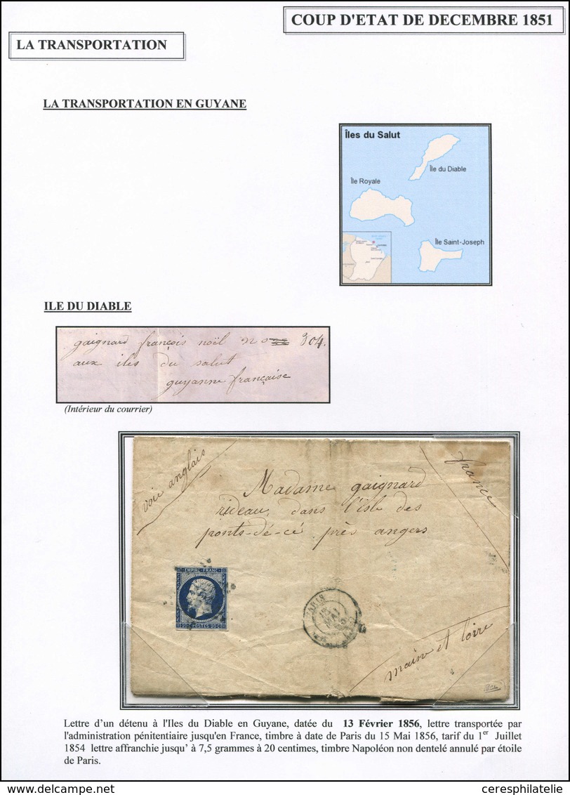 Let EMPIRE NON DENTELE - 14Ab 20c. Bleu-noir T I (touché) Obl. Etoile Sur LAC D'un Détenu De L'ILE DU DIABLE En Guyane D - 1853-1860 Napoléon III