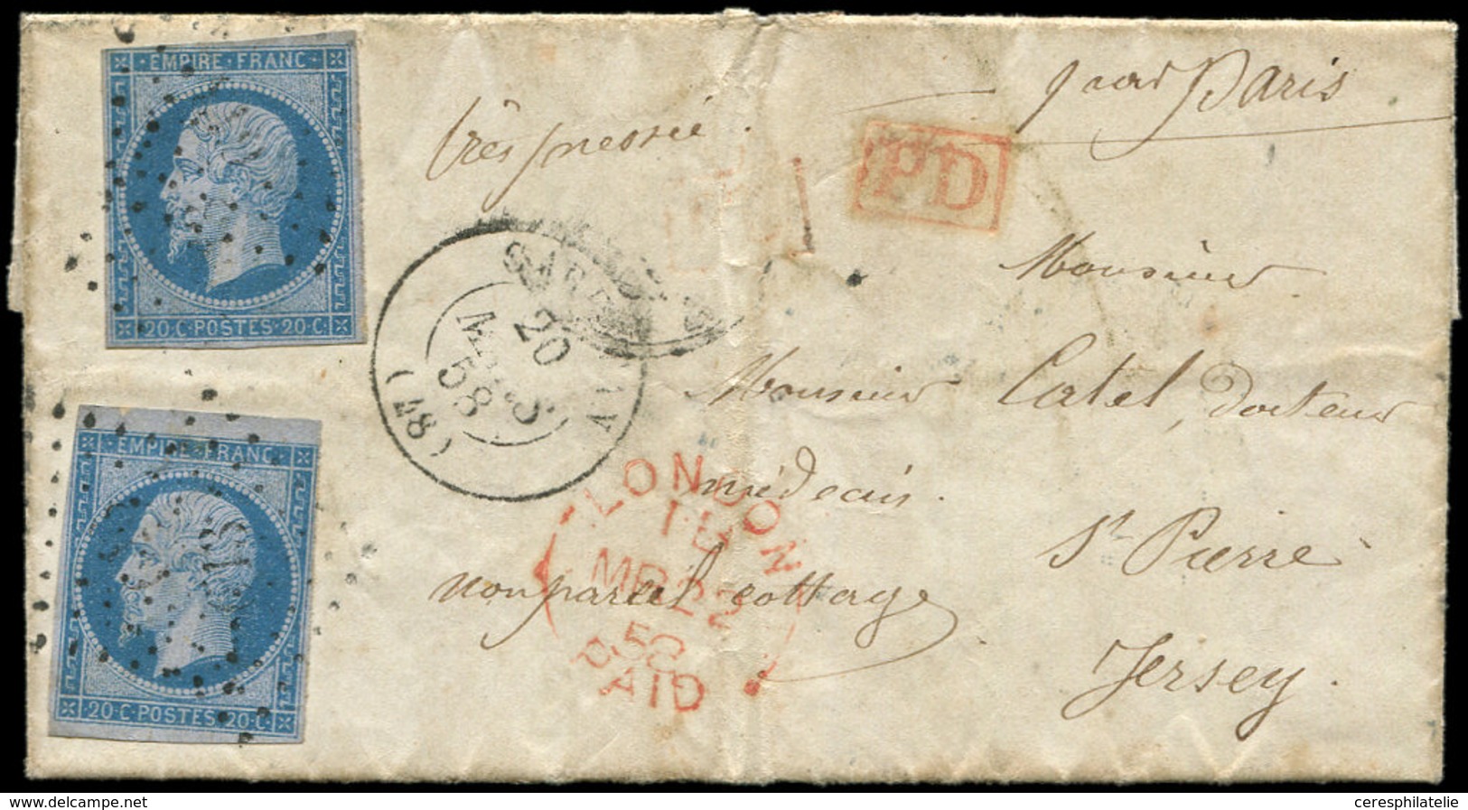 Let EMPIRE NON DENTELE - 14Ae 20c. Bleu Sur LILAS, T I (2 Dont 1 Filet à Peine Effl.), Obl. PC 613 S. LAC, Càd T15 CAREN - 1853-1860 Napoléon III