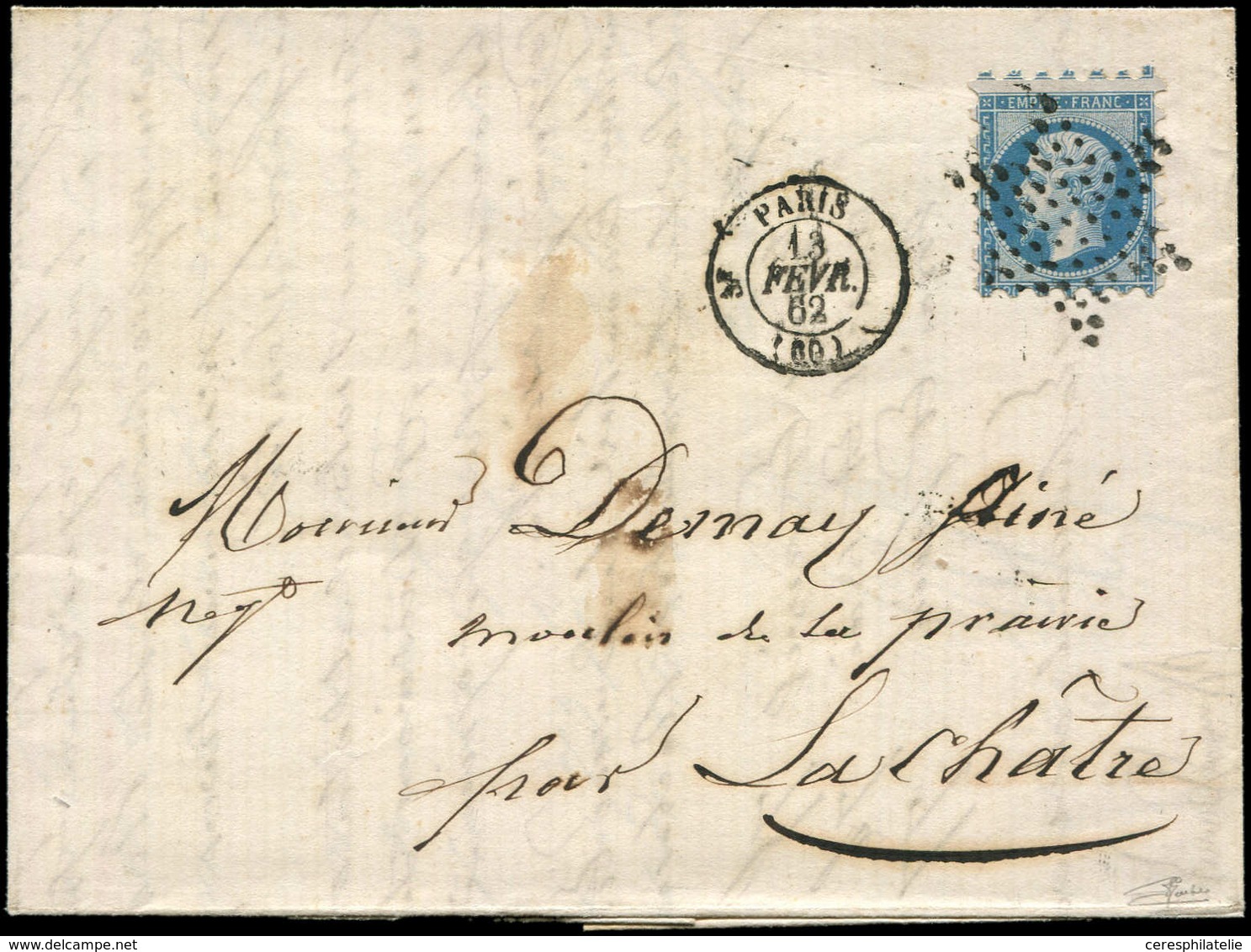 Let EMPIRE NON DENTELE - 14B  20c. Bleu, PIQUAGE SUSSE, Obl. ETOILE S. LAC, Càd PARIS 13/2/62, TTB - 1853-1860 Napoléon III