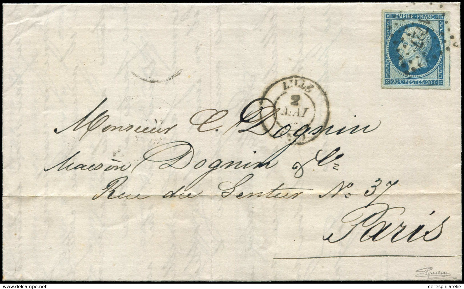 Let EMPIRE NON DENTELE - 14Ba 20c. Bleu Sur VERT, T II, Grandes Marges, Obl. PC 1727 S. LAC, Càd T15 LILLE 2/5/61, TTB - 1853-1860 Napoleone III