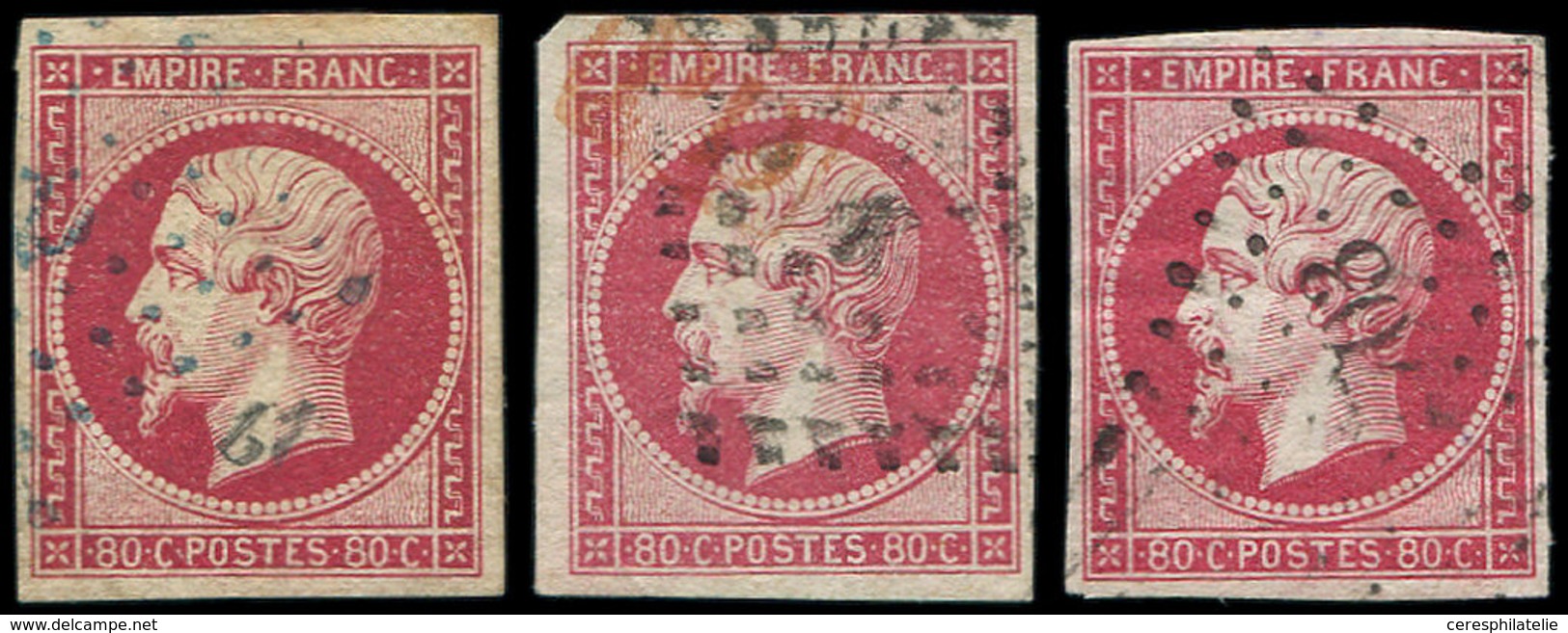 EMPIRE NON DENTELE - 17B  80c. Rose, 3 Ex. Obl. ANCRE, ANCRE BLEUE Et PC 703, TB - 1853-1860 Napoléon III