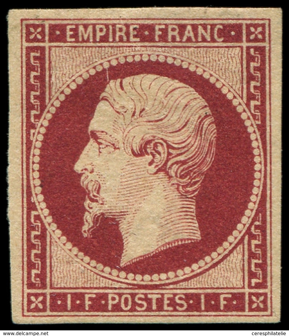 * EMPIRE NON DENTELE - 18a   1f. Carmin Foncé, Très Jolie Nuance Et Grande Fraîcheur, TB, Certif. Scheller - 1853-1860 Napoléon III