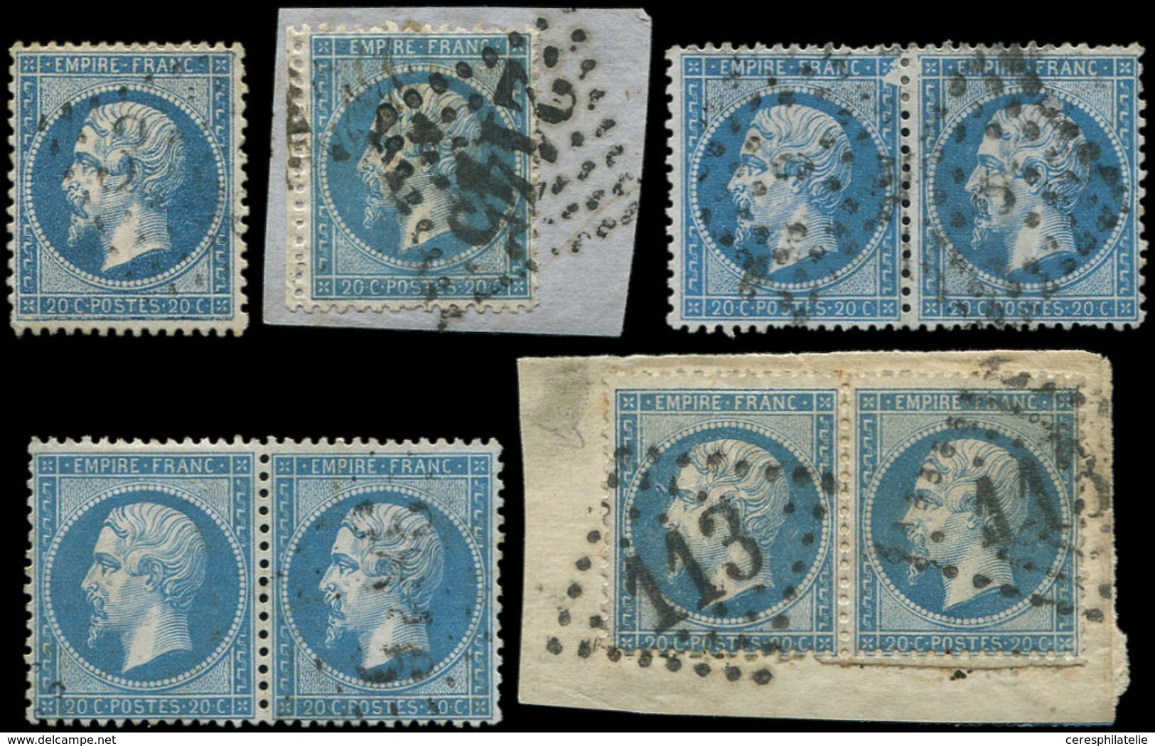 EMPIRE DENTELE - 22   20c. Bleu, 3 Paires Et 2 Unités, Tous Obl. Avec VARIETES D'impression, TB - 1862 Napoléon III