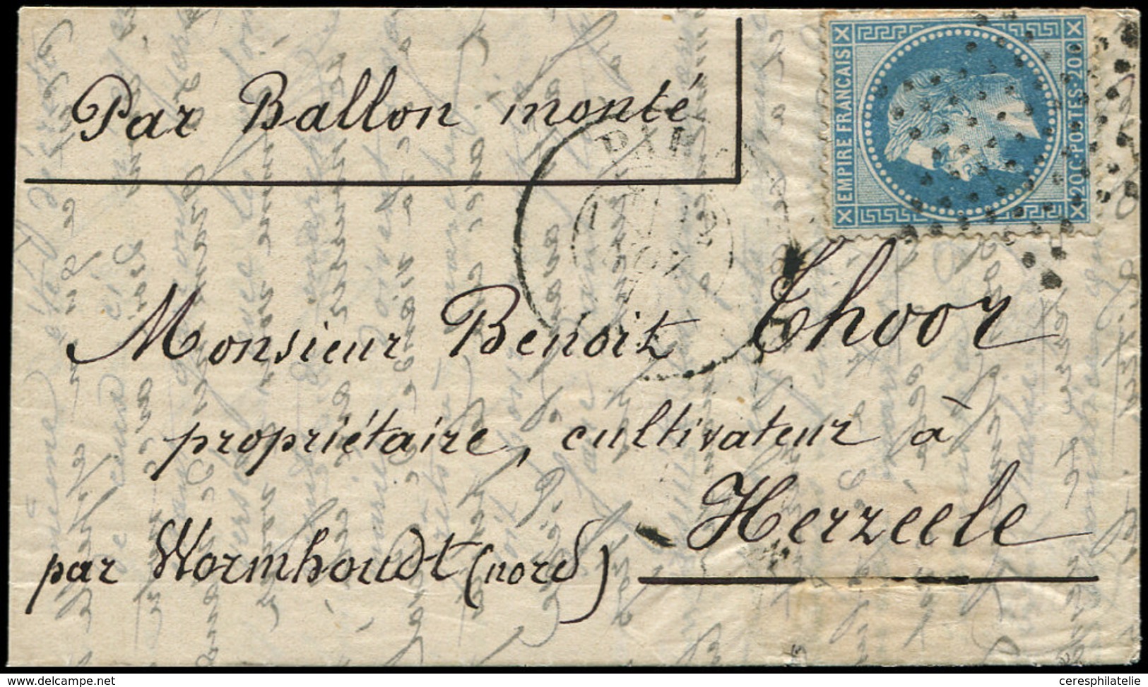 Let BALLONS MONTES - N°29B Obl. Etoile S. LAC, Càd PARIS (60) 12/11/70, Pour HERZEELE (Nord), TB. LE DAGUERRE - Guerra Del 1870