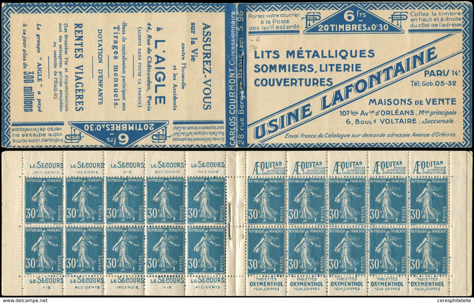 CARNETS (N° Yvert) - 192-C3    Semeuse Camée, 30c. Bleu, N°192b, T IIB, S. 96-A, LAFONTAINE/L'AIGLE, Superbe - Altri & Non Classificati