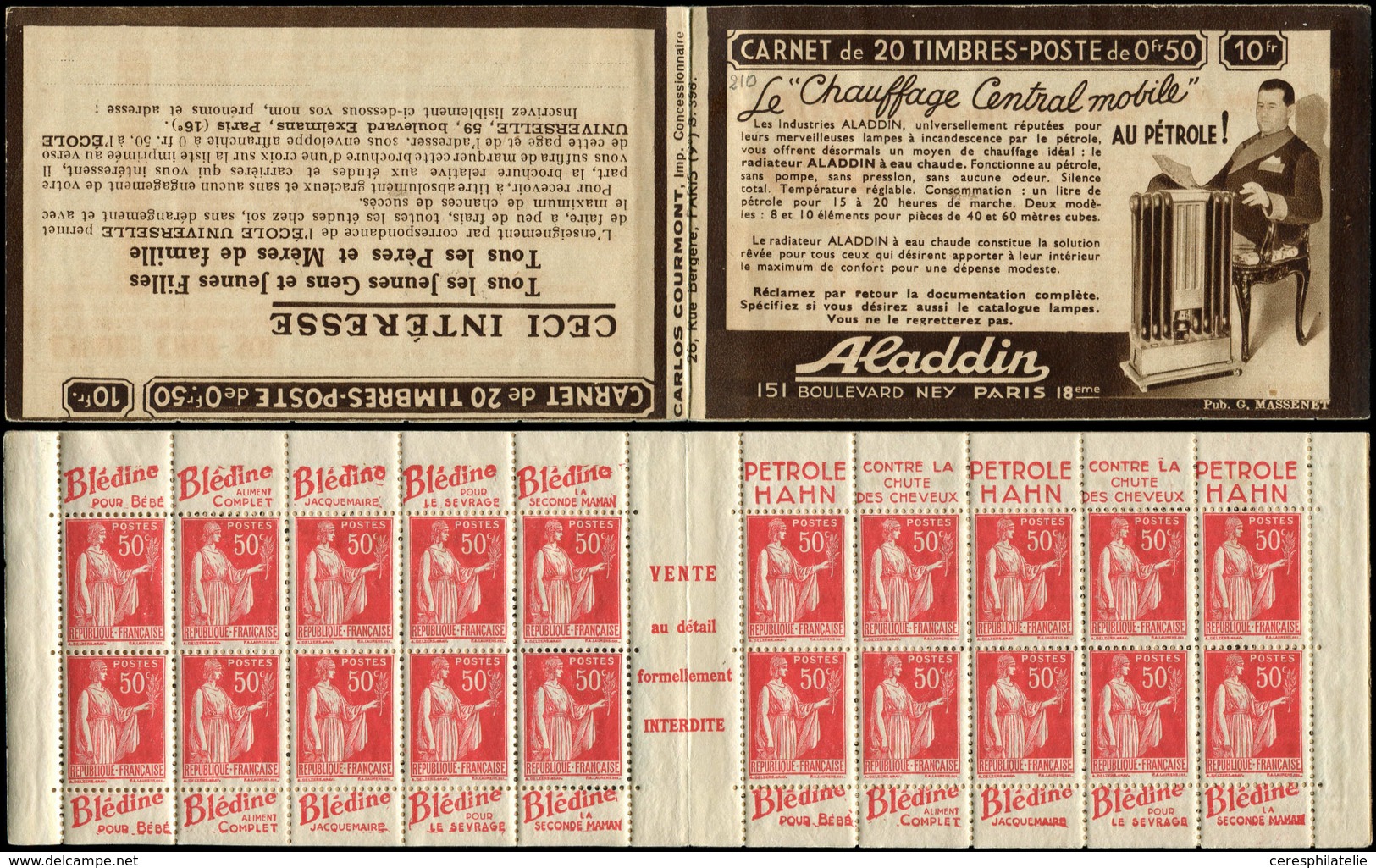 CARNETS (N° Yvert) - 283-C59   Paix, 50c. Rouge, N°283f, T III, S. 398, ALADDIN, Forts Décalques De Couv., Sinon RR Et S - Andere & Zonder Classificatie