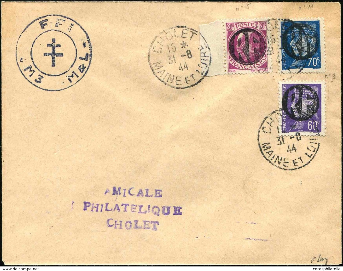 Let TIMBRES DE LIBERATION - CHOLET 5, 9 Et 11 Obl. 31/8/44 S. Env., TB, Signé Mayer - Bevrijding