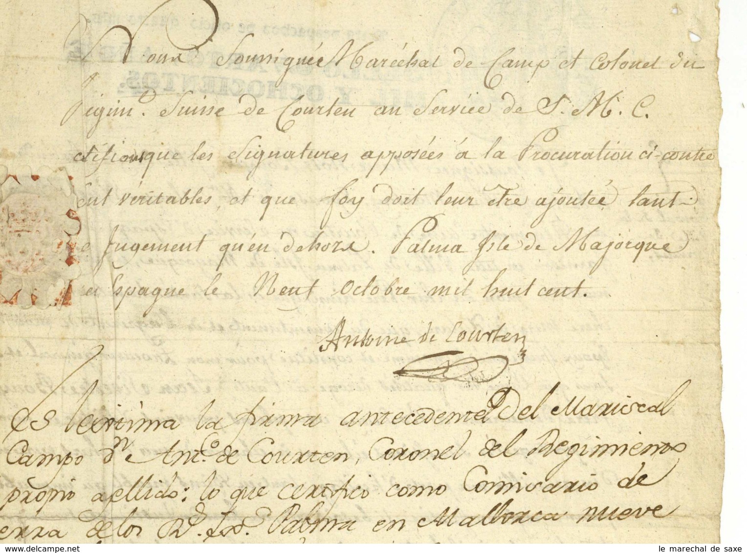 Regiment Suisse De COURTEN Colonel Antoine De COURTEN (Sion 1725- Sierre 1803) Palma De Majorque Mallorca - Documents Historiques