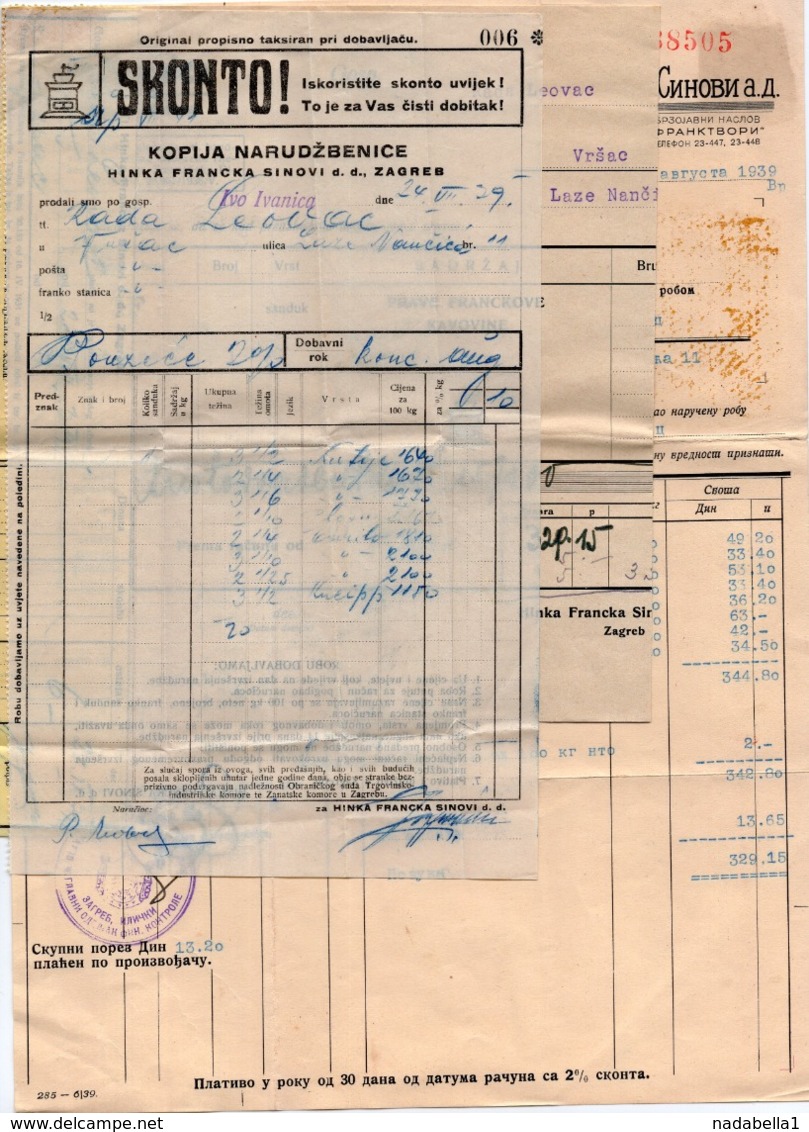 1939 YUGOSLAVIA,CROATIA,ZAGREB,HINKA FRANCKA SINOVI,CYRILLIC PRINT,COFFEE FACTORY,INVOICE ON LETTERHEAD,1 FISKAL STAMP - Other & Unclassified