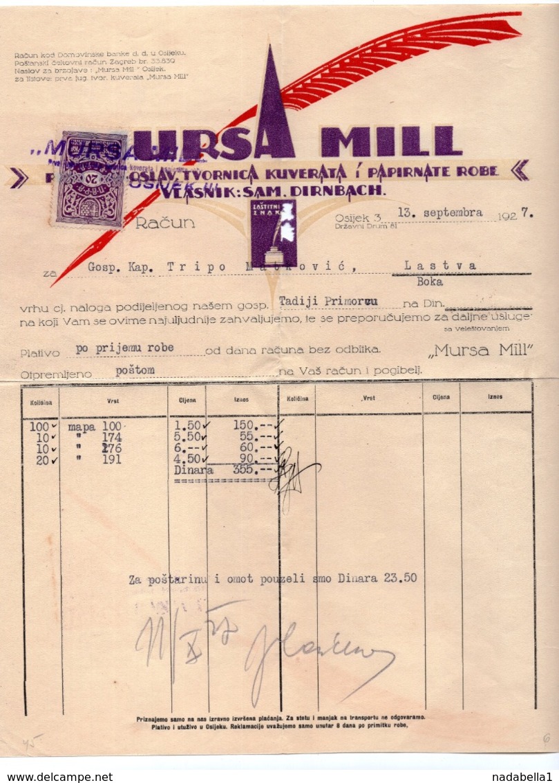 1927 YUGOSLAVIA, CROATIA, ZAGREB, MURSA MILL, OFFICE SUPPLIES, INVOICE ON LETTERHEAD, 1 FISKAL STAMP - Other & Unclassified