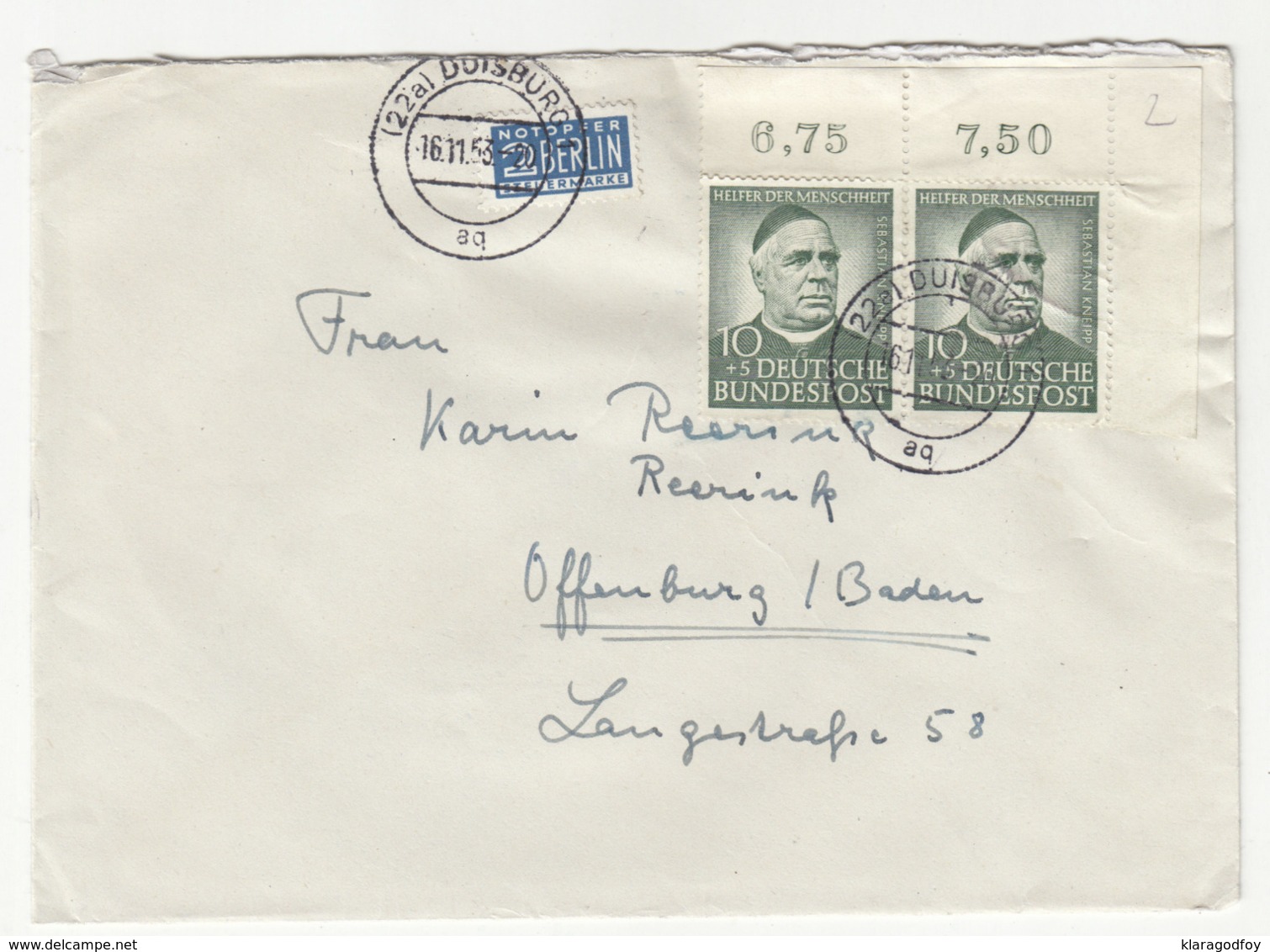 Sebastian Kneipp Pair And Berlin Notopfer Stamp On Letter Cover Posted 1953 B191114 - Cartas & Documentos