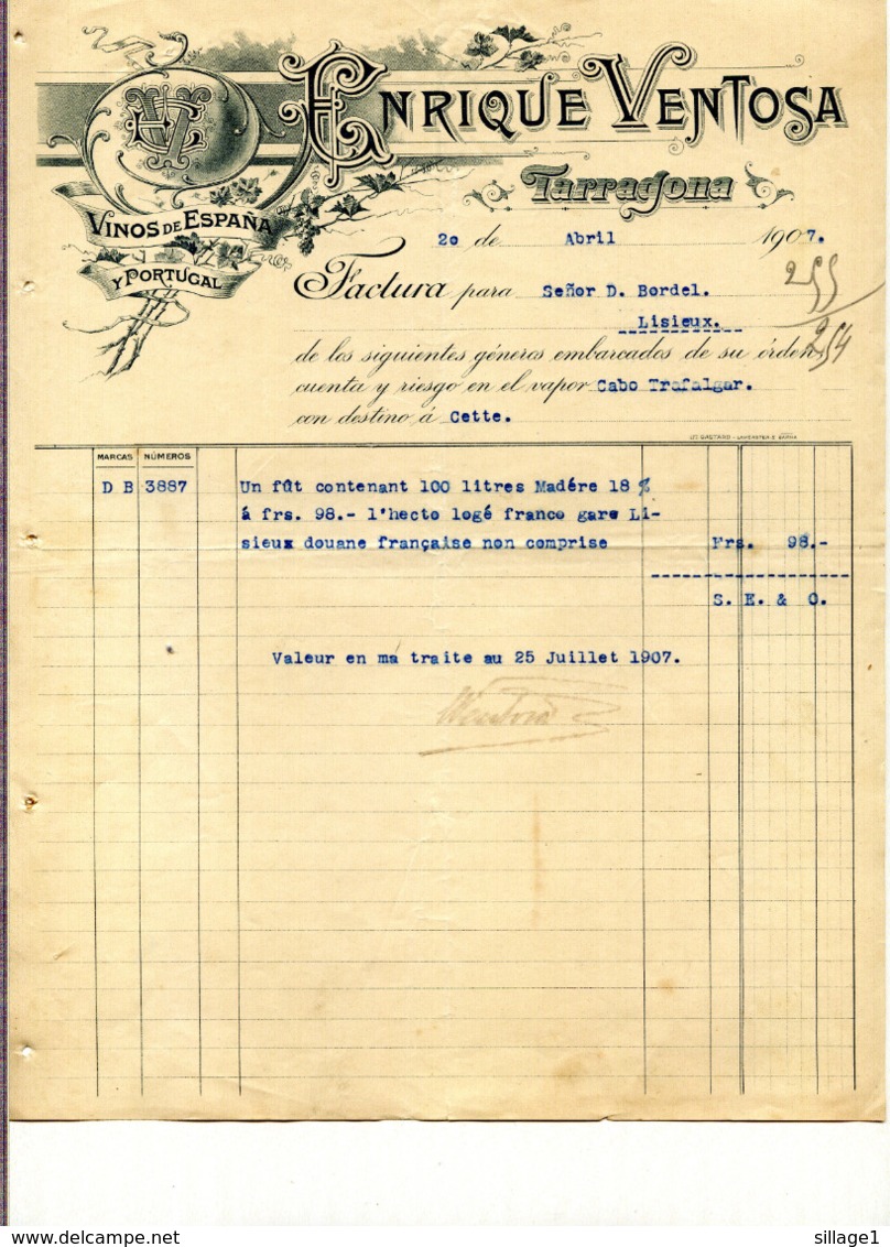 1907 Vins Madère Vinos De España Y Portugal  - Tarragona Enrique Ventosa - Factura De 100 Litres De Madére - 1907 - Espagne