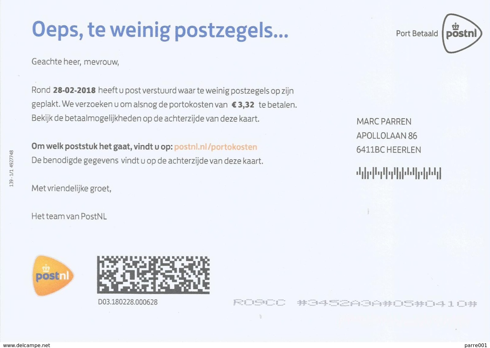 Nederland Netherlands 2018 Portkaart Postage Due Card - Covers & Documents