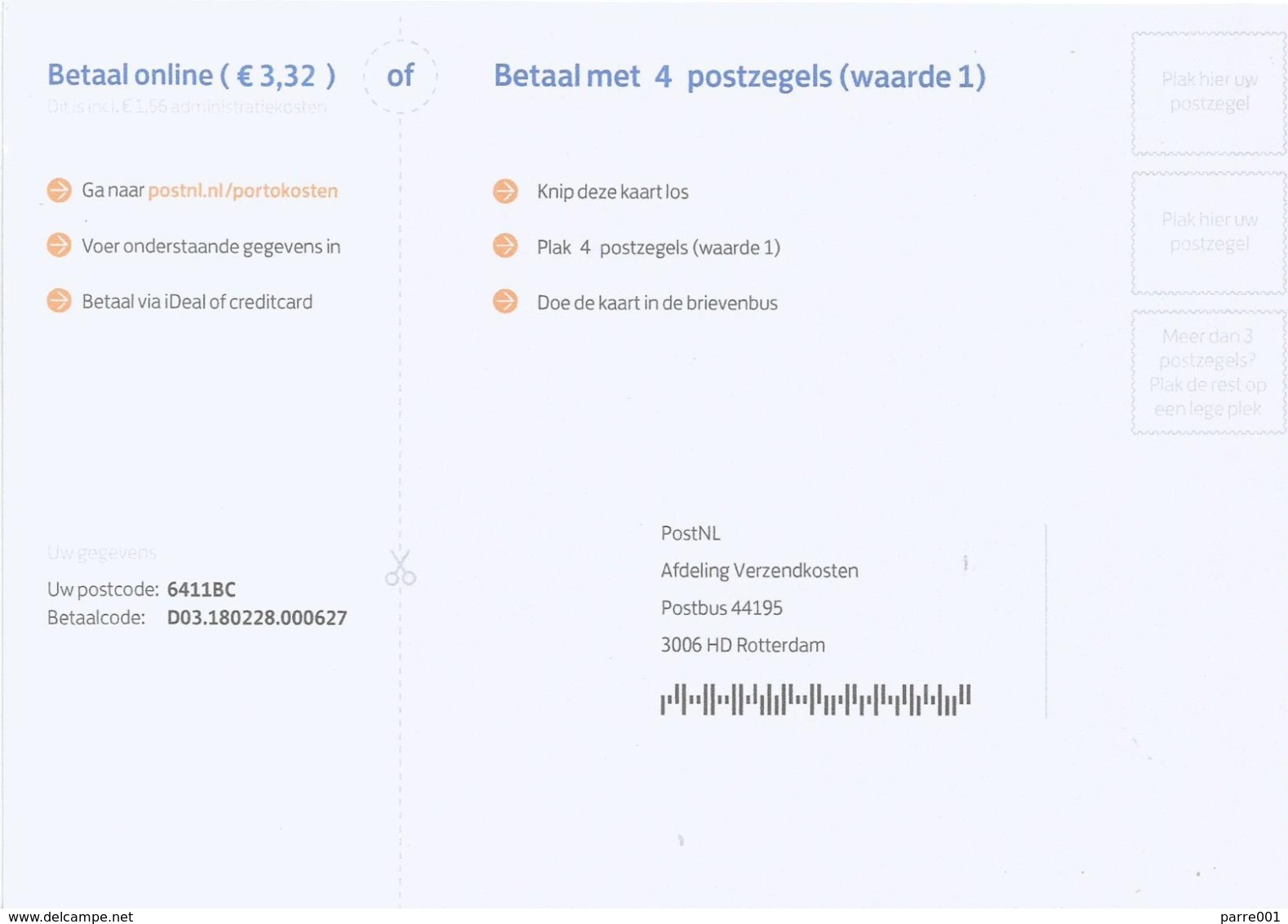 Nederland Netherlands 2018 Portkaart Postage Due Card - Cartas