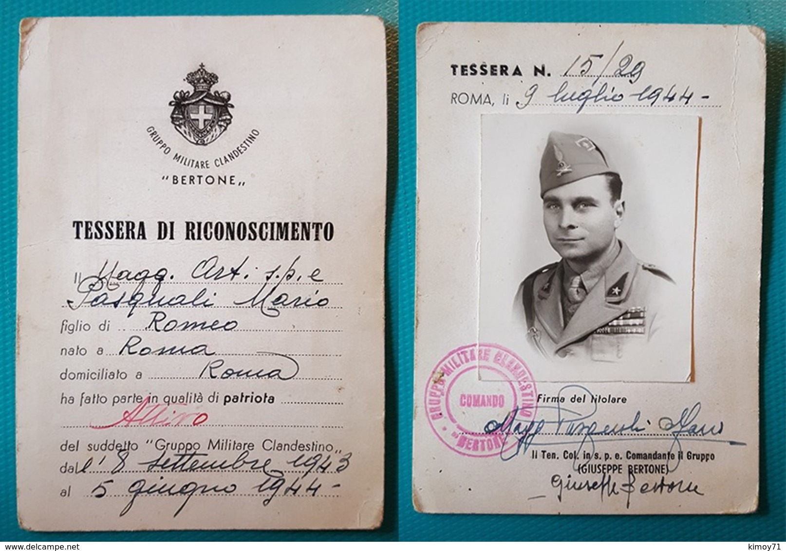 Tessera Di Riconoscimento - (Corpo Militare Clandestino "BERTONE"). 1944 - Documents Historiques