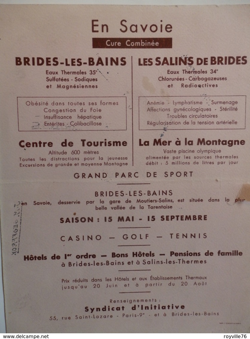 Grand (Format A4) Et Rare Buvard Publicitaire En Savoie (73) Cure Combinée Sur Brides-les-Bains Et Les Salins De Brides. - Autres & Non Classés