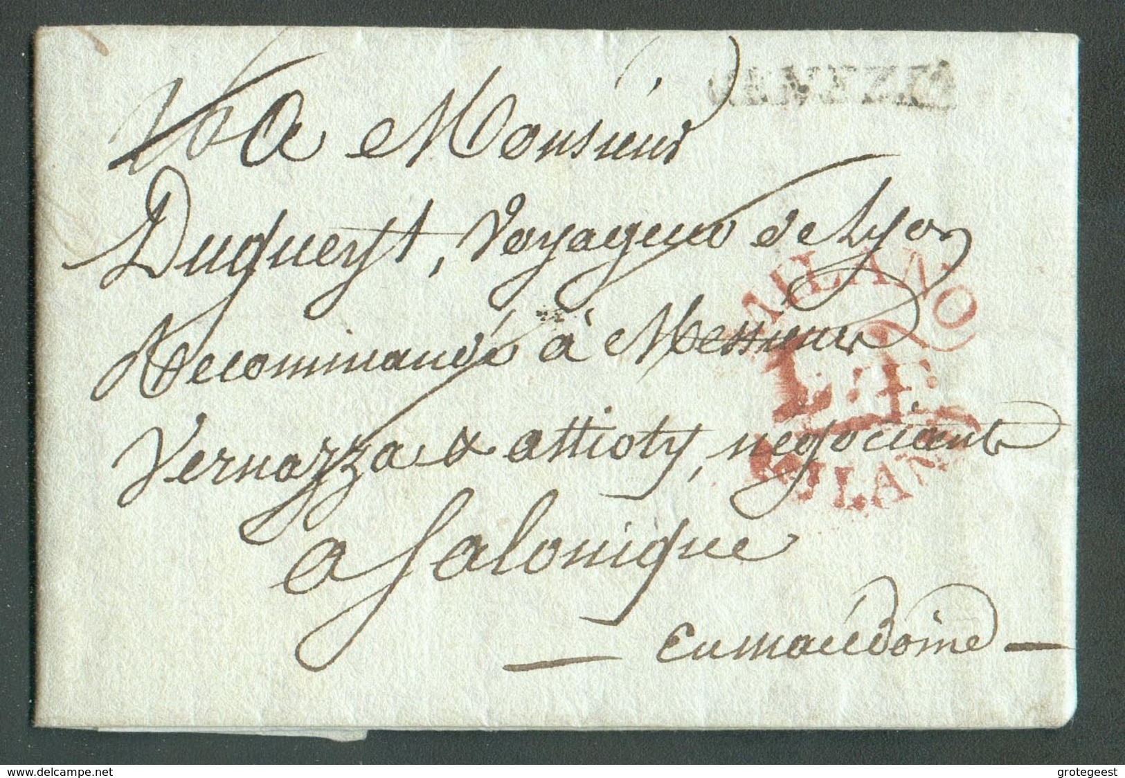 LAC De Lyon (Francia) Le 10 Avril 1810 Et Acheminée (camaniato) Via VENEZIA (griffe) + Griffe Rouge MILANO L.A. Vers Sal - 1. ...-1850 Prephilately