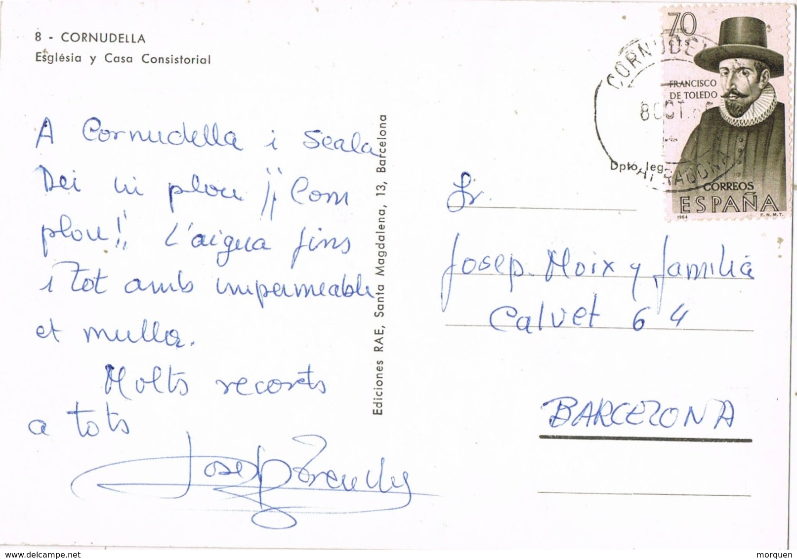 34704. Postal CORNUDELLA (Tarragona) 1967. Iglesia Y Casa Consitorial - Cartas & Documentos