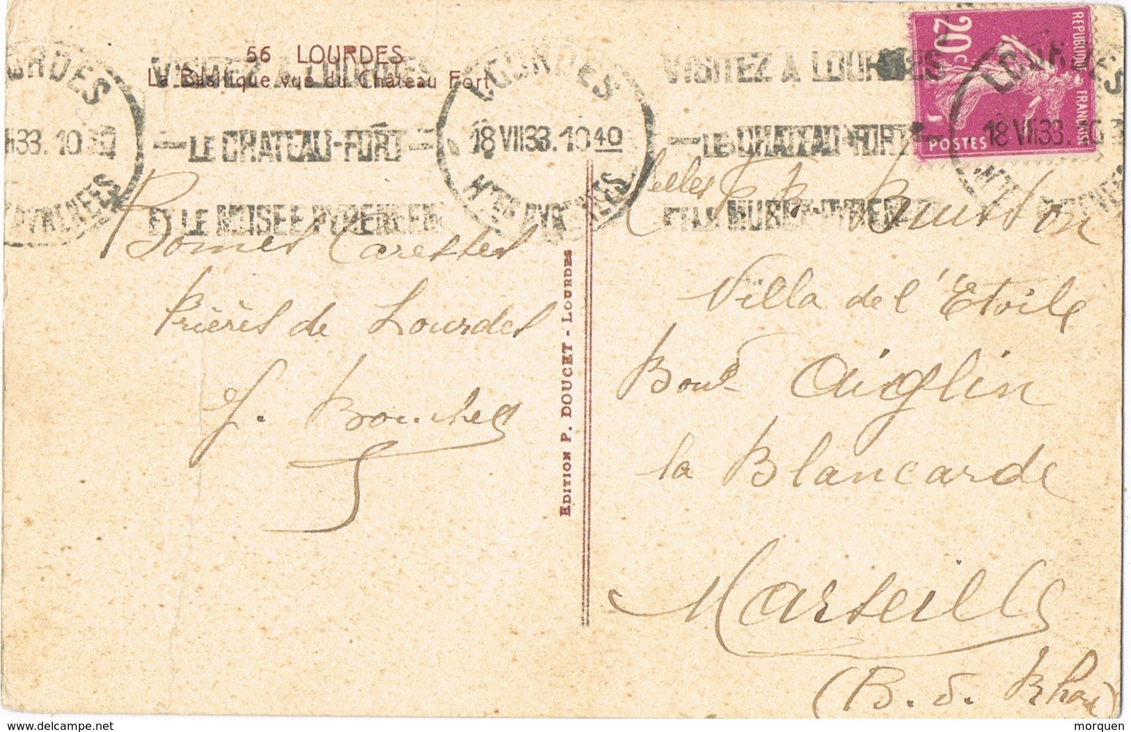 34707. Postal LOURDES (hautes Pyrenées) 1938. Flamme CHATEAU FORT - Cartas & Documentos