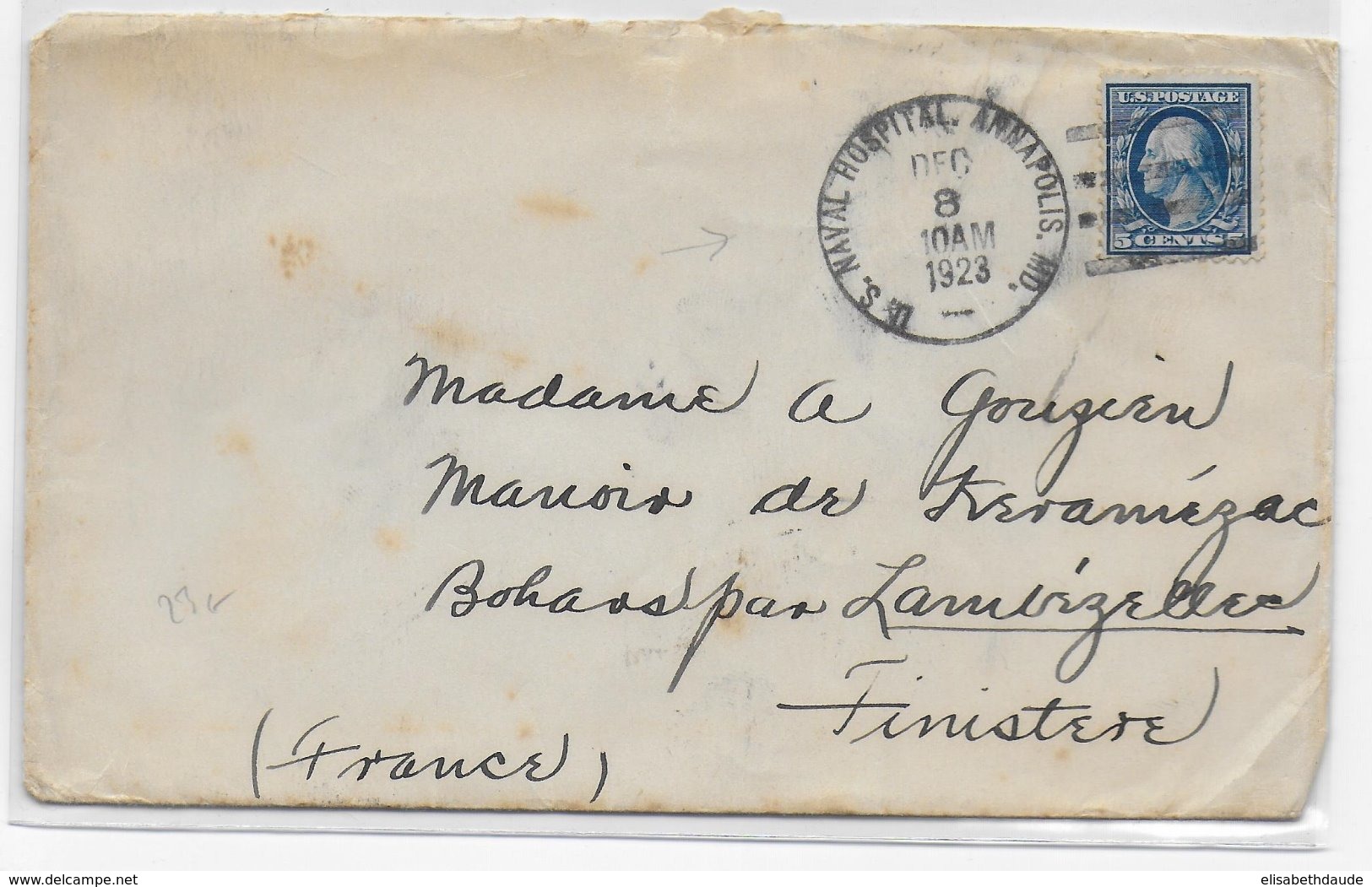 1923 - US NAVY - ENVELOPPE De U.S NAVAL HOSPITAL ! ANNAPOLIS MD. => FINISTERE - Poststempel