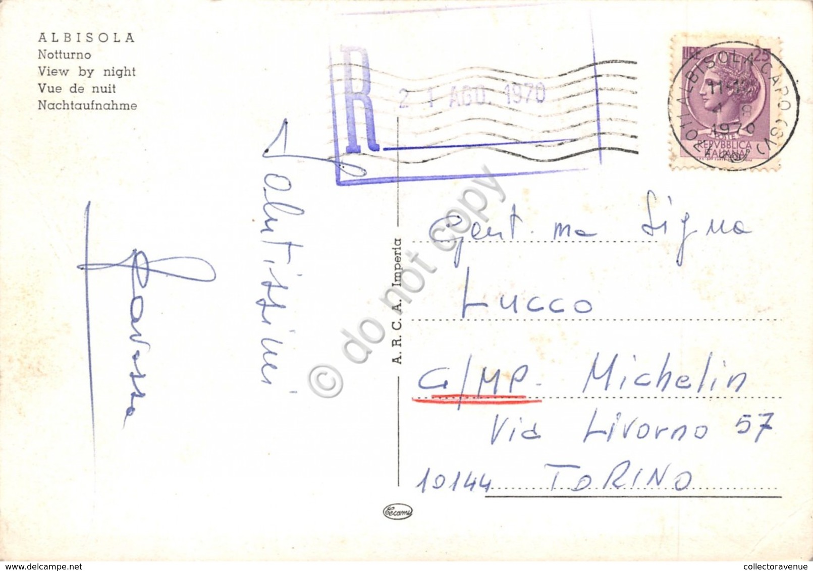 Cartolina Albisola Notturno Timbro A Targhetta R 1970 (Savona) - Savona