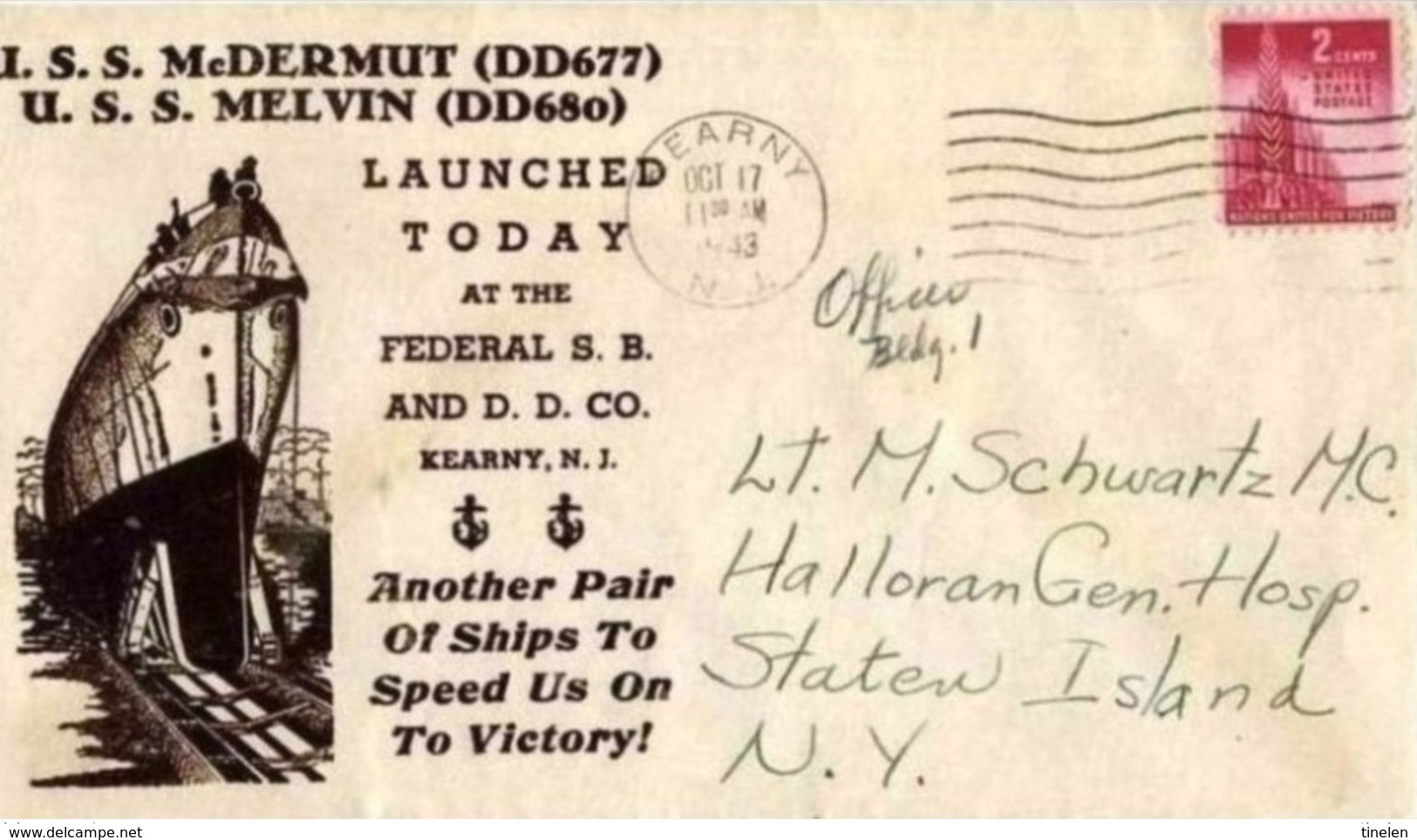 USA - 17 10 1943 COMMEMORATIVA VARO NAVI DA GUERRA USS MC.DERMUT-USS MELVIN - Marittimi