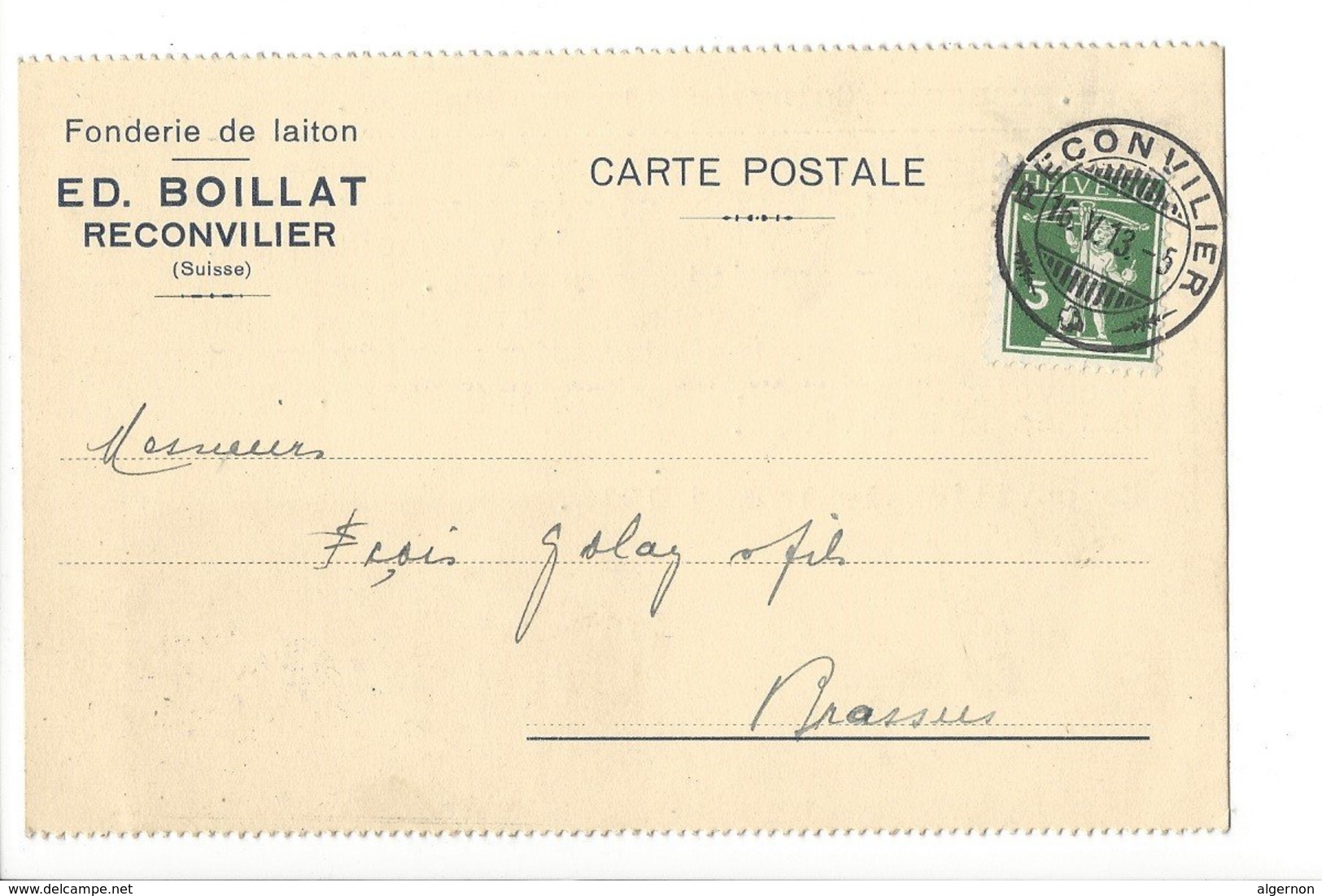 24031 - Fonderie De Laiton Ed.Boillat Reconvilier Pour Le Brassus 1913 - Reconvilier