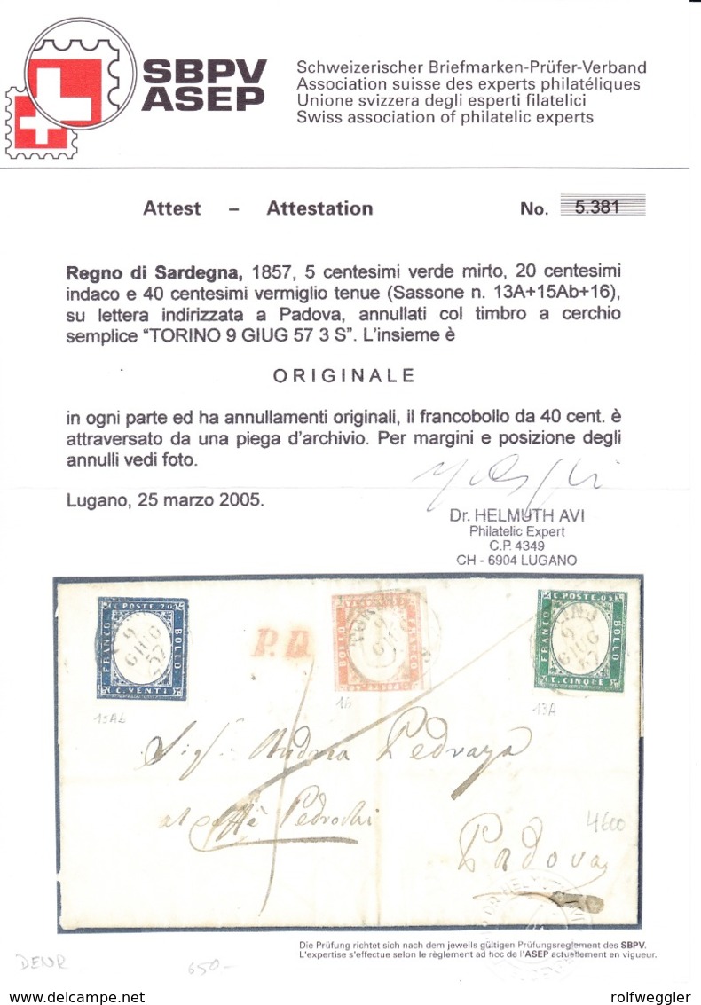 1857 Faltbrief 3 Farben Frankatur Aus Torino Nach Padova; Mischfrankatur Senkrechter Bug, Fotoattest Dr. Avi - Sardaigne